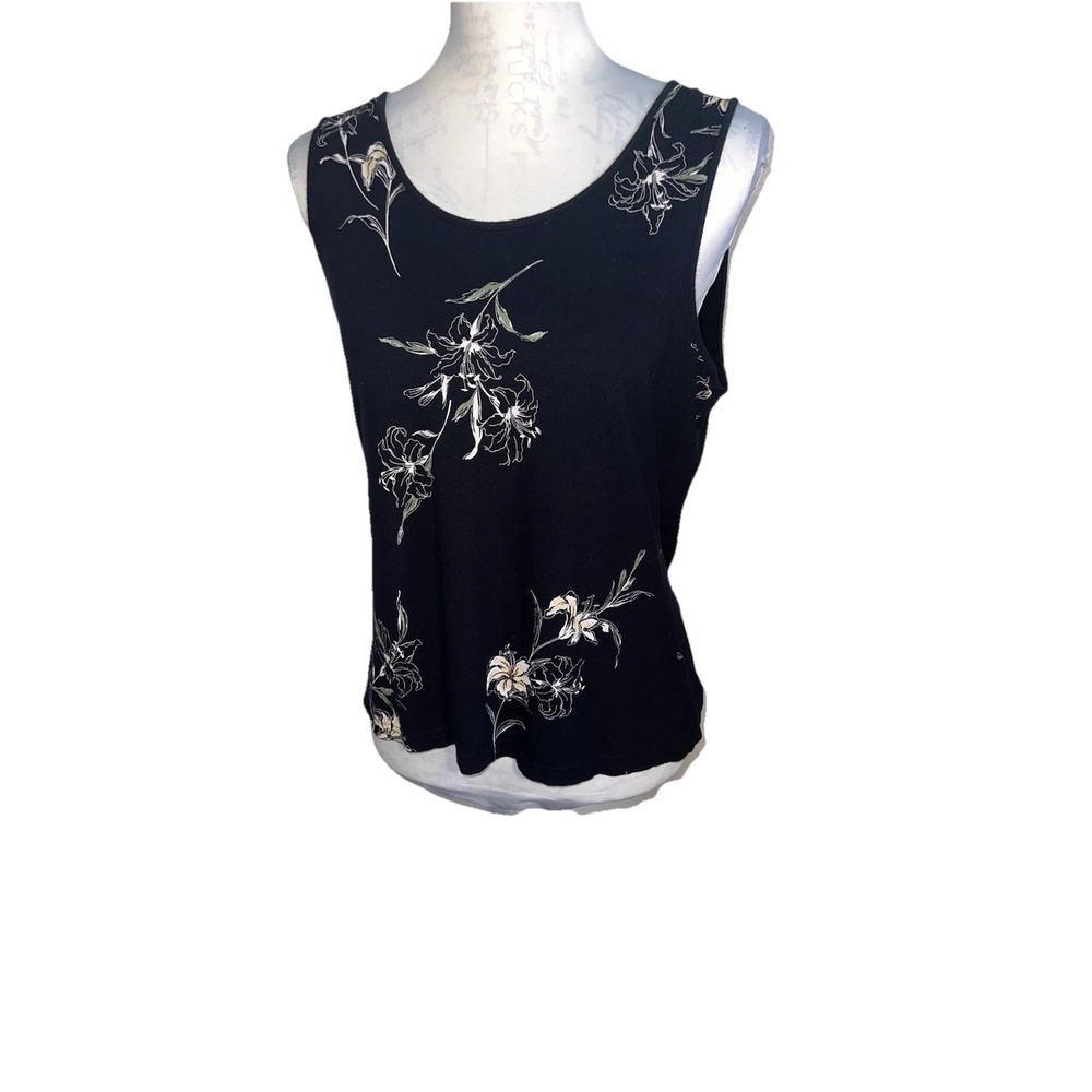 Emma James Black Floral Asian Sleeveless‎ Stretchy Top Size L  Liz Claiborne
